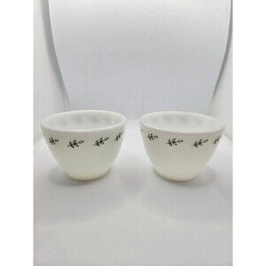 Pyrex Corning Custard Cup Pair -  Green on White Milk Leaves Fauna Glass Pyrex